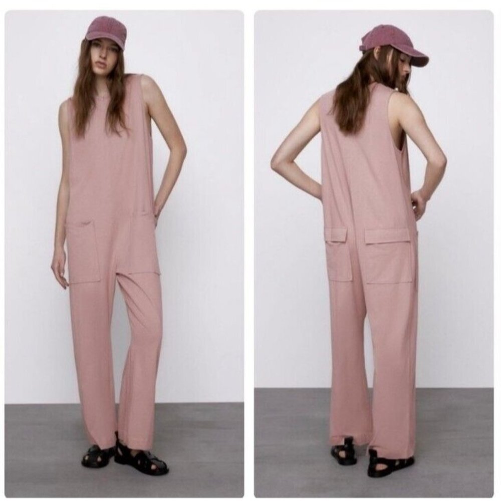 ZARA Sleeveless Oversized Wide Leg Jumpsuit Utility Pockets Front Zip Up S Beige